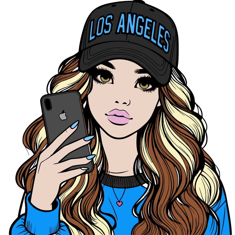 realistic beautiful girl wearing los ángeles cap holding an iphone
