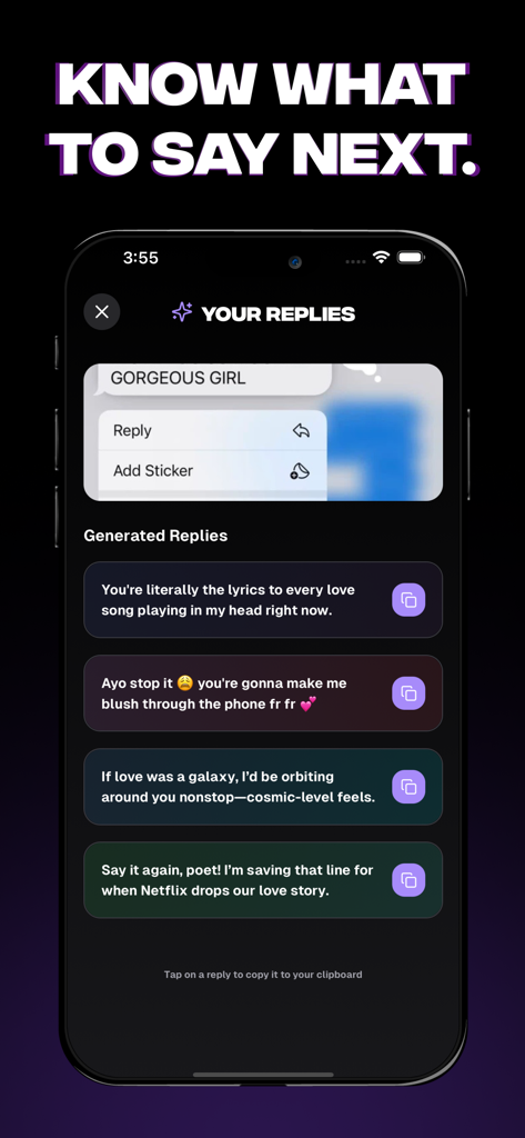 Interface of RizzGPT app showing AI generated replies for dating app conversations