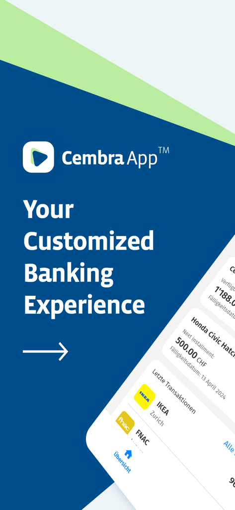 Pantalla promocional de la App Cembra mostrando una experiencia bancaria personalizada con detalles de transacciones