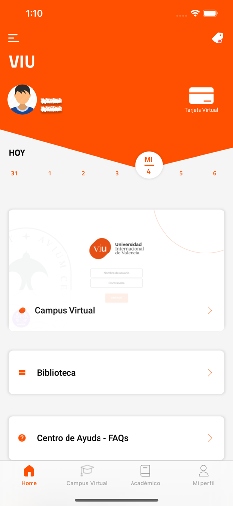 Panel principal de la aplicación universitaria VIU que muestra enlaces al campus virtual y a la biblioteca