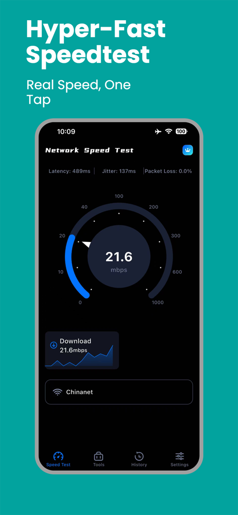 WiFi Speed Tester：NetworkTest - Painel do aplicativo WiFi Speed Tester exibindo velocidade de download da rede e diagnóstico de latência