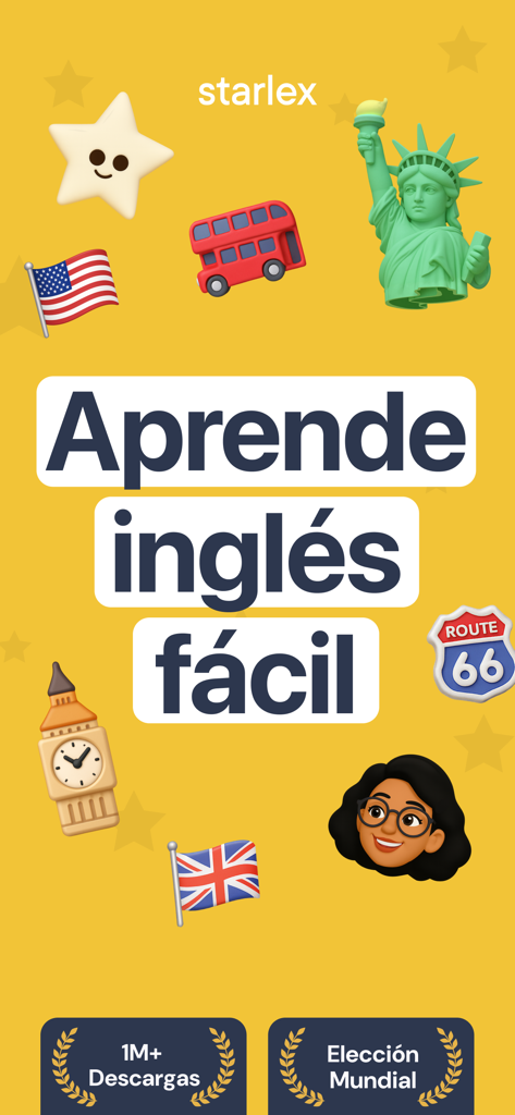 Marketing graphic for the Starlex app showing the text Aprende ingles facil and icons of US and UK landmarks
