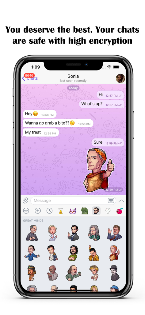 Aka app secure chat screen on iPhone showing stickers and encryption message