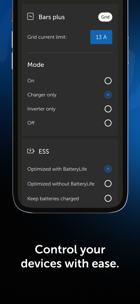 VRM: Victron Remote Management - Interfaz de la aplicación Victron VRM mostrando modos de control remoto de dispositivos y ajustes del sistema de almacenamiento de energía
