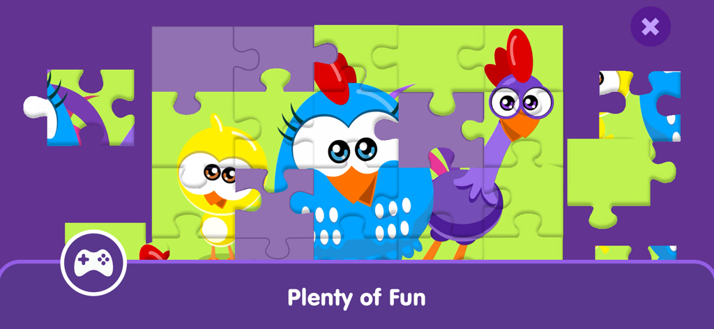 A jigsaw puzzle featuring Lottie Dottie Chicken and friends in a kid-friendly mobile game interface.