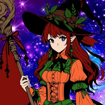 a realistic fantasy manga witch with a staff