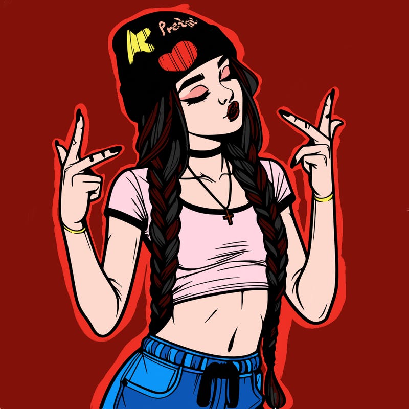 realistic teenage girl with braids and a beanie and crop top doing 🫶🏼