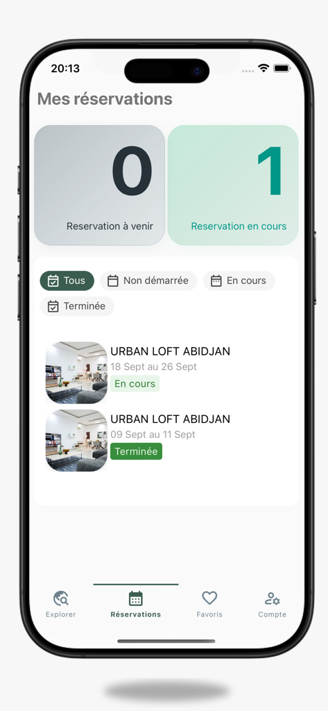 Awlo - Tela do aplicativo móvel Awlo mostrando reservas de apartamentos atuais e passadas em Abidjan
