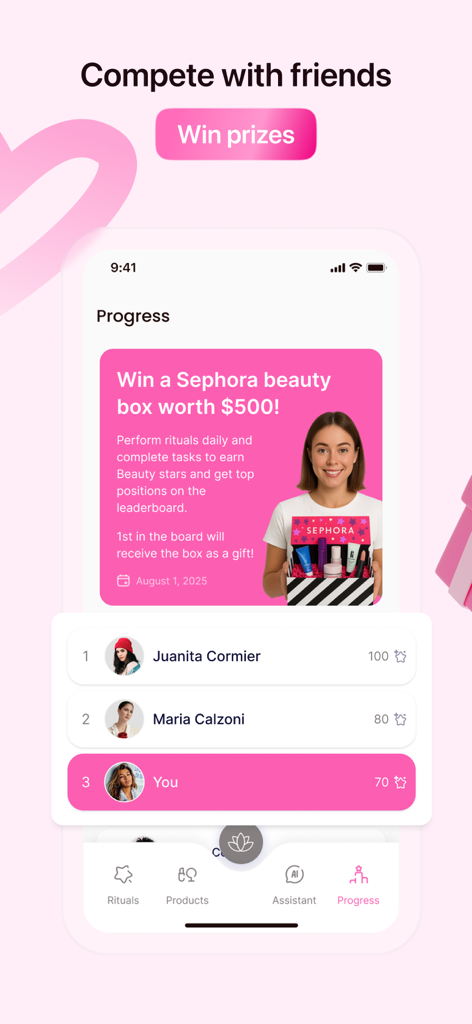 Solvi: Skincare Club - A mobile app interface showing a leaderboard where users compete for skincare prizes like a Sephora beauty box