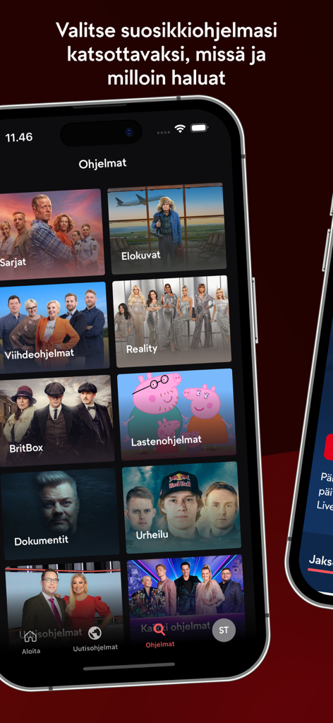 MTV Katsomo - Interface of the MTV Katsomo app on an iPhone showing a grid of categories including sports, movies, reality TV, and children's programming in Finnish.
