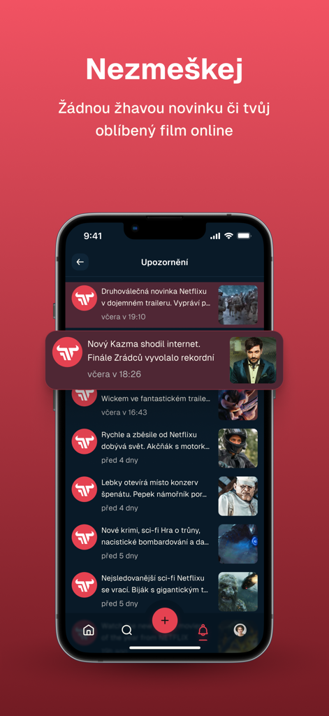 A smartphone screen showing the Filmtoro app's notification list with updates on the latest movies and streaming releases.