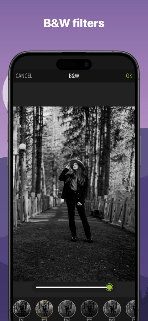 PicPoc - Photo Editor AI - PicPoc photo editor app interface showing black and white filter options for a portrait