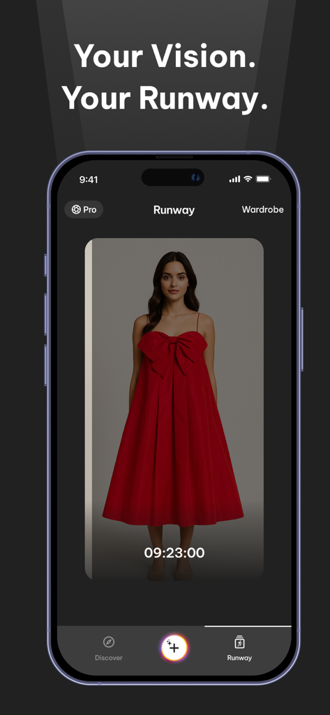 AI Fashion Designer Try-On - AI fashion app interface showing a model wearing a stylized red dress with a large bow on a virtual runway
