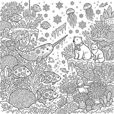 Immerse yourself in a breathtaking fusion of marine life and frosty charm with our 'Coral Reef Winter Wonderland' coloring page. This intricate design invites you to bring a vibrant spectrum of colors to an enchanting underwater world where snowflakes dance with coral and arctic creatures thrive.