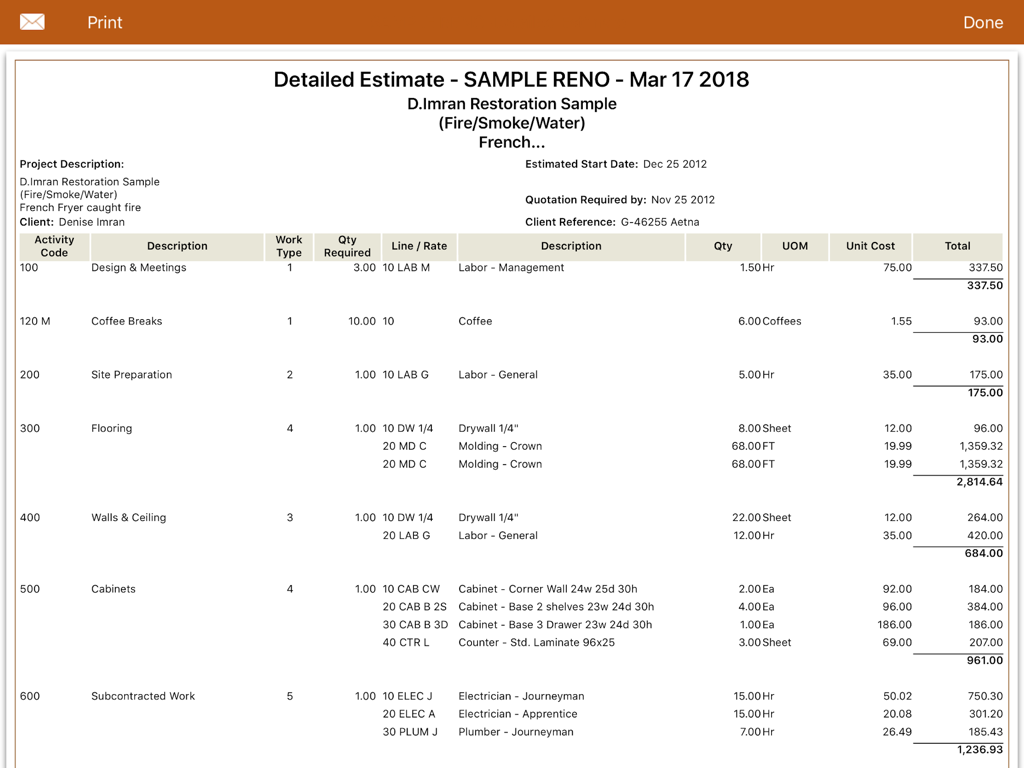mpengo Quotes - A detailed restoration project estimate showing labor and material costs categorized by activity