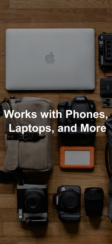 Cam Shutter - A flat lay of professional photography gear and a laptop showcasing device compatibility