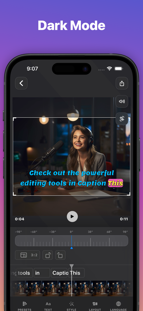 Caption This mobile app interface in dark mode showing video subtitle editing with tools for presets text and style.