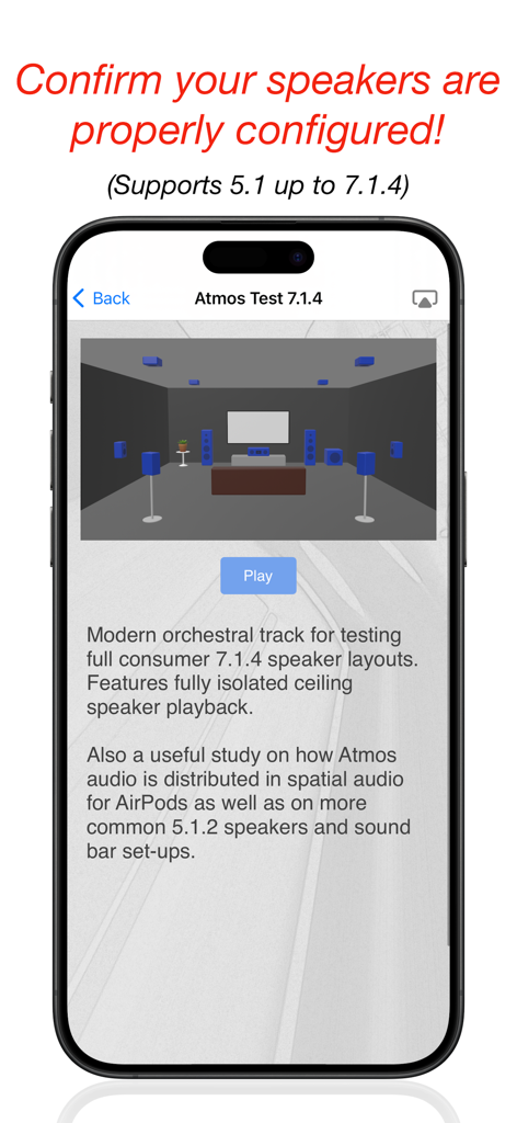 サラウンドスピーカーチェックアプリのインターフェイスが、3D ホームシアターの視覚化とともに 7.1.4 Dolby Atmos スピーカー構成テスト画面を表示