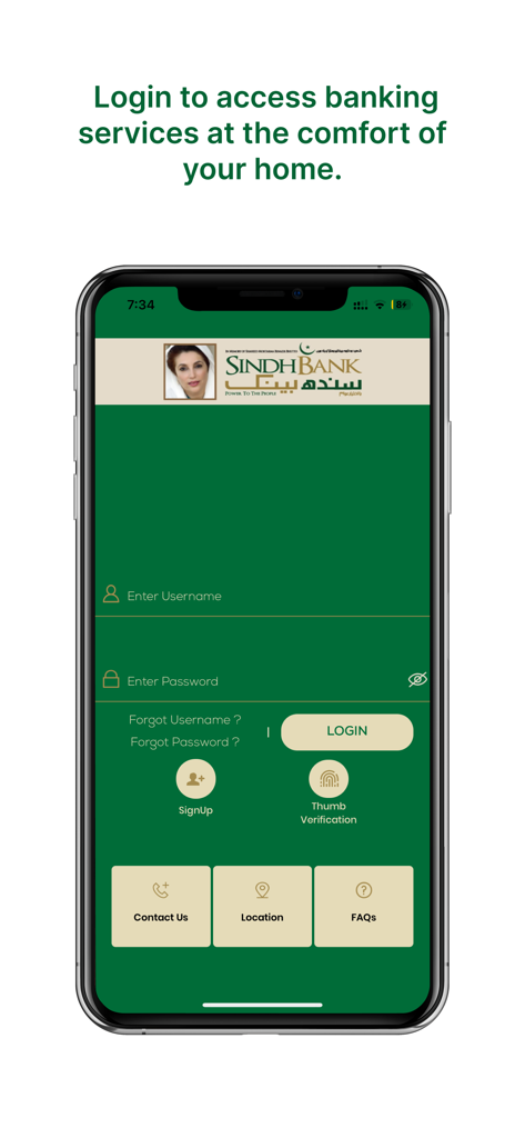 Sindh Bank - Login screen of the Sindh Bank mobile app featuring username and password fields and thumb verification options.