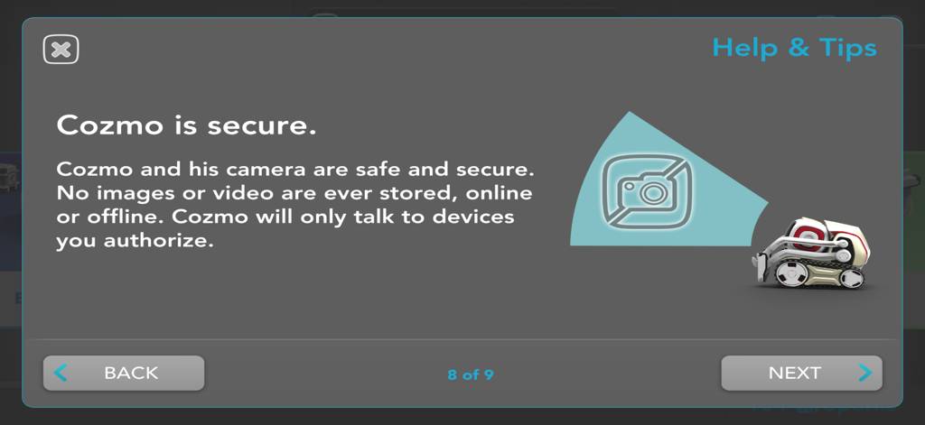 Cozmo Robot - Cozmo Robot app help screen explaining privacy and camera security features