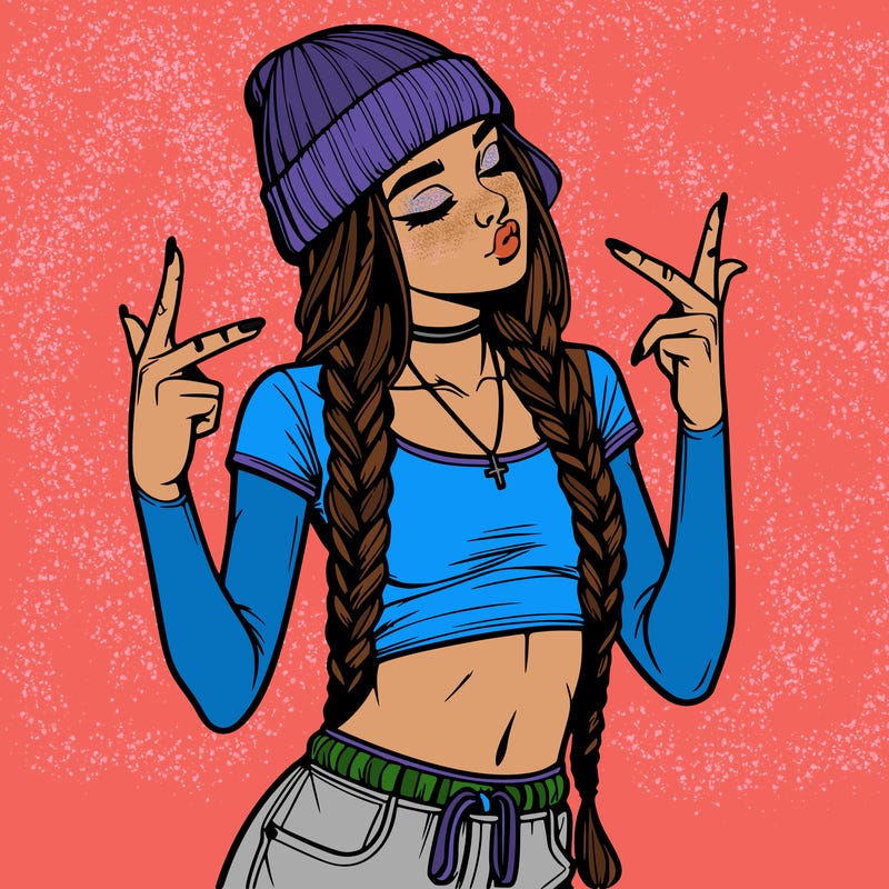 realistic teenage girl with braids and a beanie and crop top doing 🫶🏼