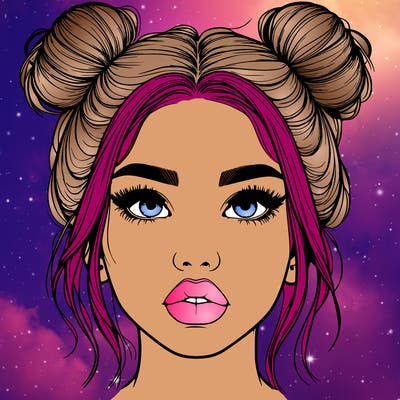 realistic girl with two buns on her hair and lips