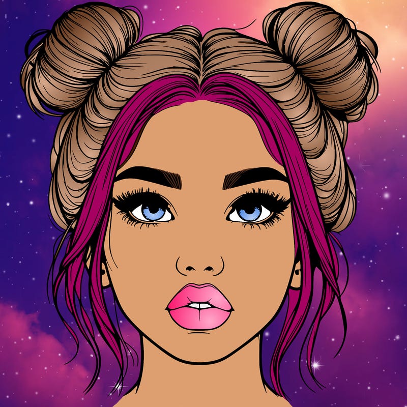 realistic girl with two buns on her hair and lips
