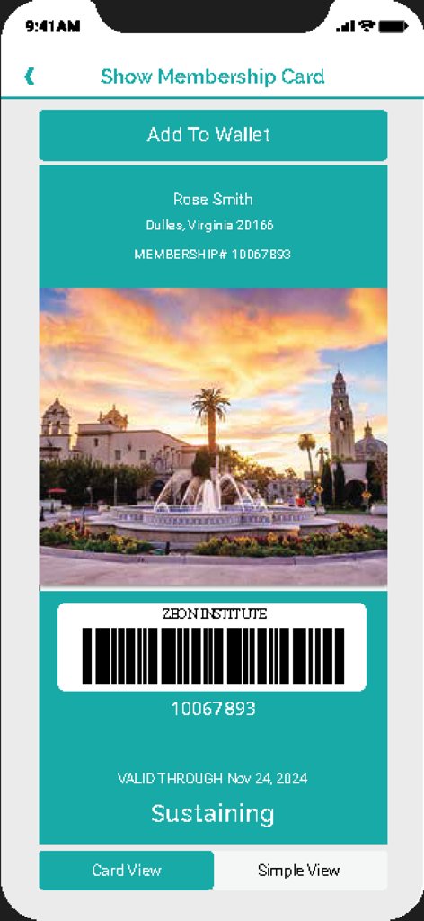 Digital membership card showing member name, barcode, and Add to Wallet button