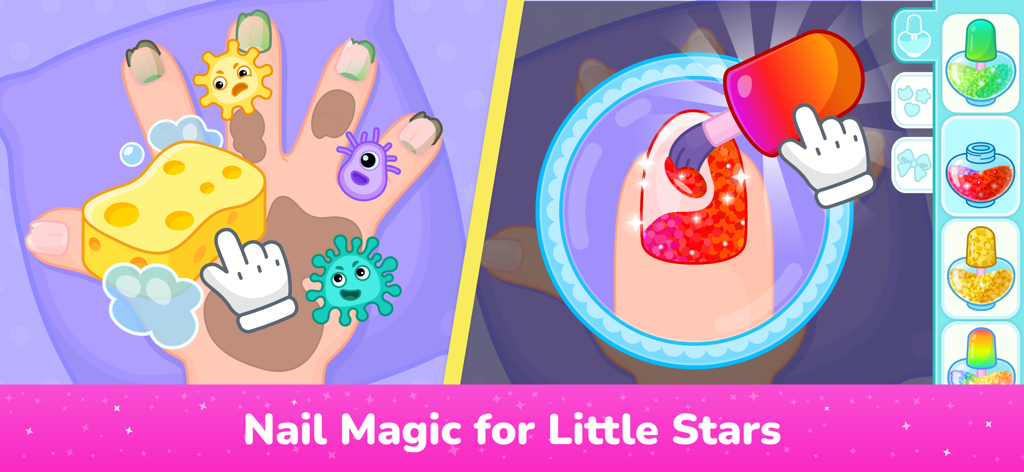 A split screen showing a child's game with one side cleaning a dirty hand with a sponge and the other side painting a fingernail with red glitter polish