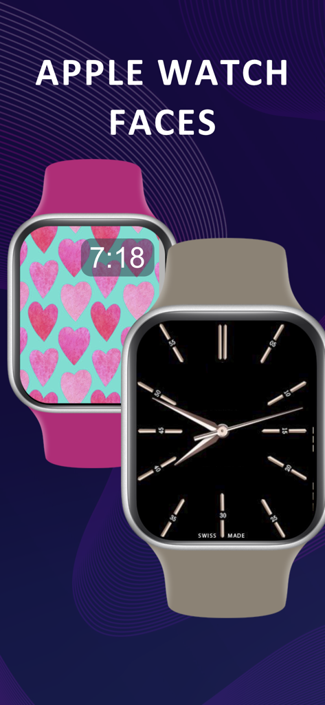 Watch Faces Gallery + - ピンクのハート柄と黒のアナログウォッチフェイスを表示する2つのApple Watch