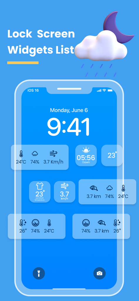 Weather Widget: Live Radar App - iPhone display showing a variety of weather widgets on the iOS 16 lock screen including temperature, wind, and rain data.