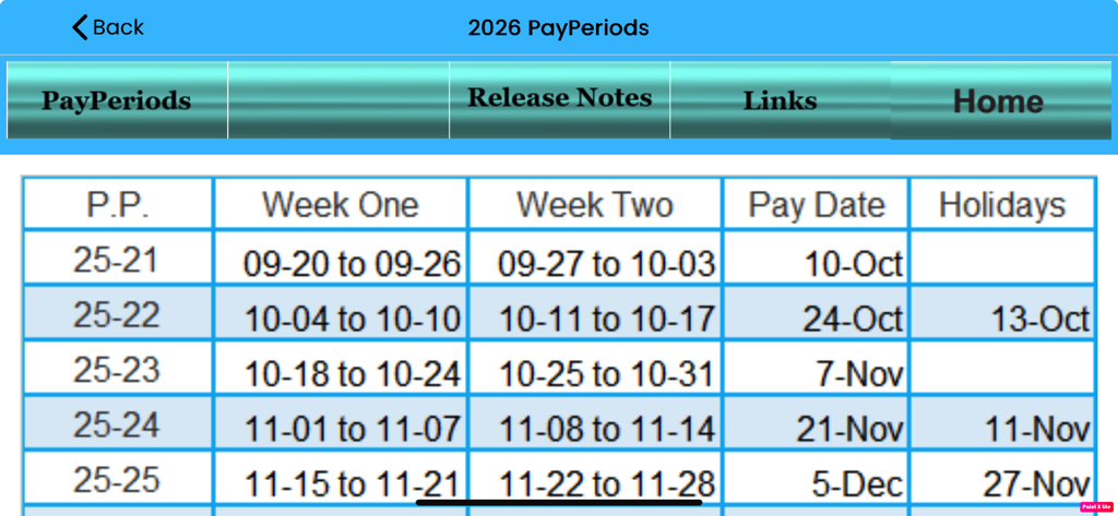 2026 USPS ColorCal Calendar - USPS 2026 pay periods schedule showing pay dates and holidays