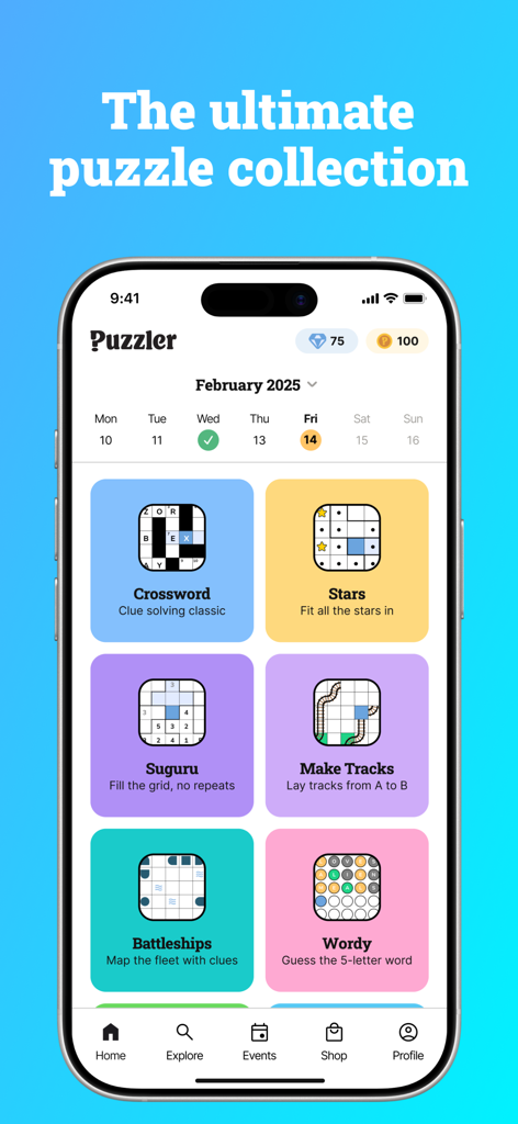 Puzzler app interface showing a selection of word and logic puzzles including Crossword and Suguru