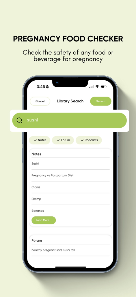 The Prenatal Nutrition Library - Screenshot of the Pregnancy Food Checker feature in The Prenatal Nutrition Library app searching for sushi safety.