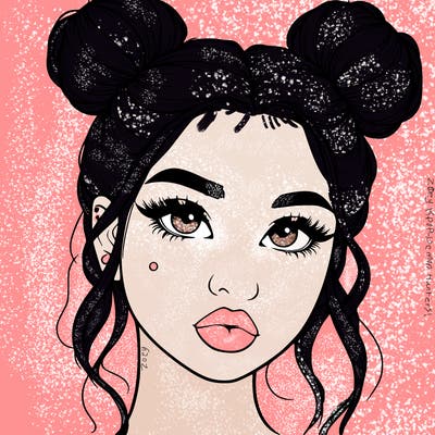 realistic girl with two buns on her hair and lips