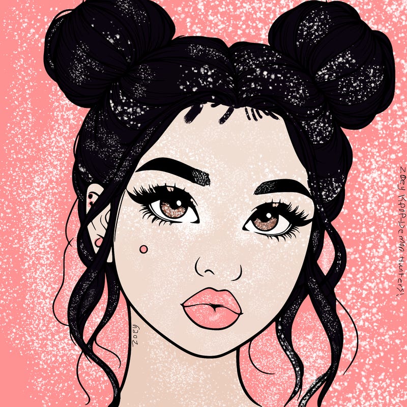 realistic girl with two buns on her hair and lips