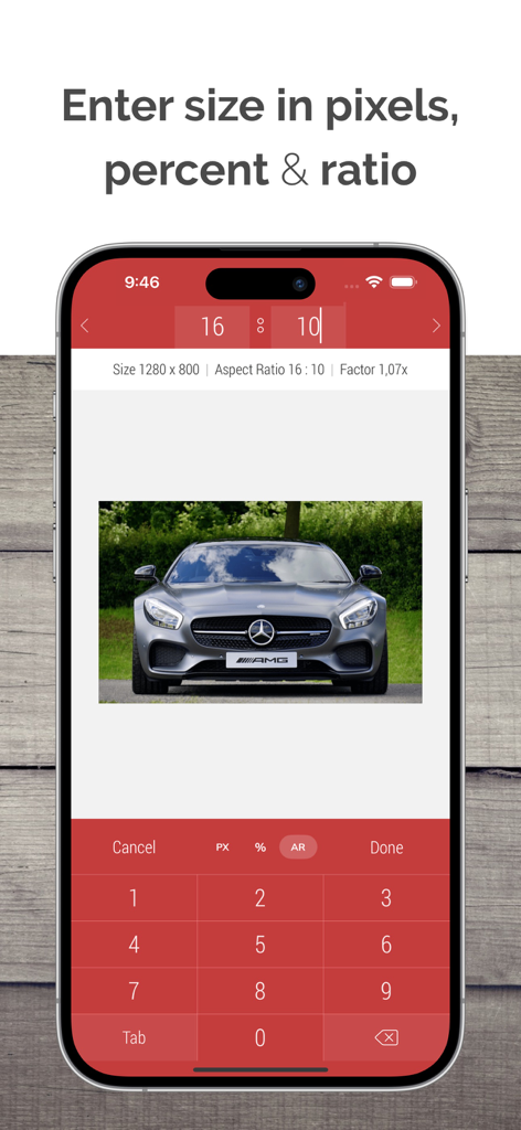 Desqueeze - Batch Resizer - Interface of Desqueeze app showing custom pixel and aspect ratio inputs for photo resizing
