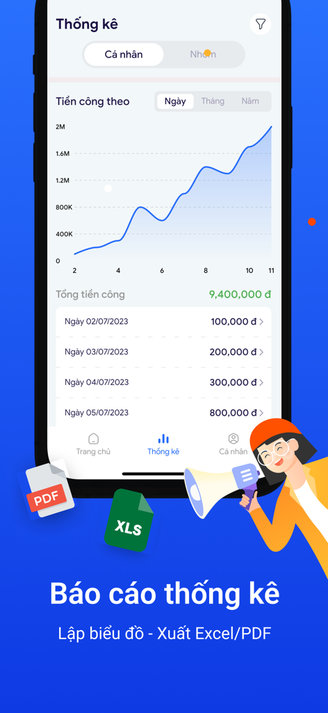 Interfaccia mobile dell'app AtWork con un grafico di crescita salariale e report esportabili in PDF ed Excel