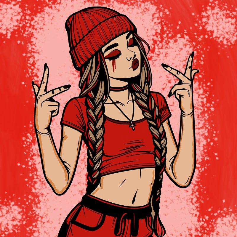 realistic teenage girl with braids and a beanie and crop top doing 🫶🏼