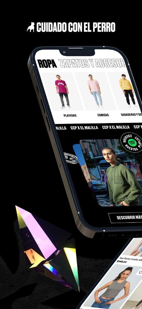 Cuidado Con el Perro - Interfaz de la app móvil Cuidado Con el Perro mostrando categorías de moda urbana y tendencias de streetwear