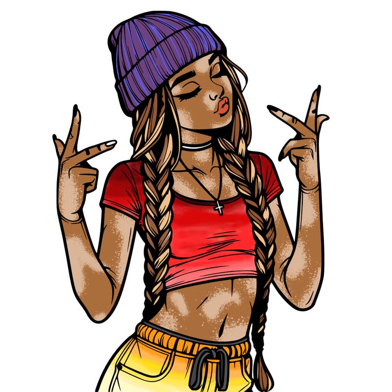 realistic teenage girl with braids and a beanie and crop top doing 🫶🏼