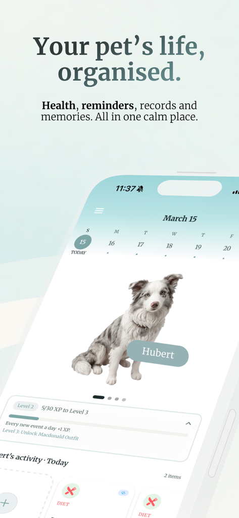 Hubert: Pet Health Tracker - The Hubert app dashboard featuring a personalized 3D dog companion with pet health tracking records and a progress level bar.