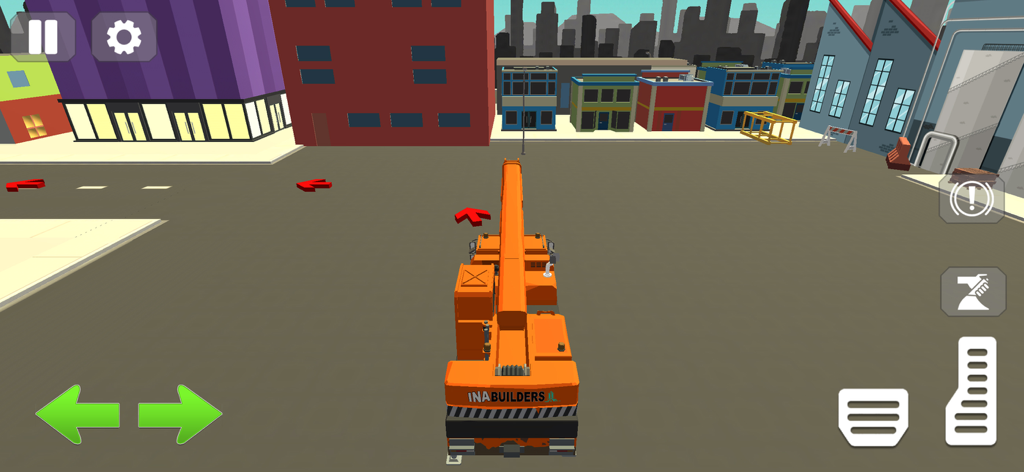 Builder City Construction 3D - Una grúa de construcción naranja circulando por una calle de la ciudad en un juego de simulación 3D.