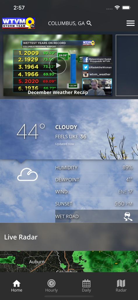 WTVM Storm Team Weather mobile app home screen showing current temperature and live radar map for Columbus Georgia