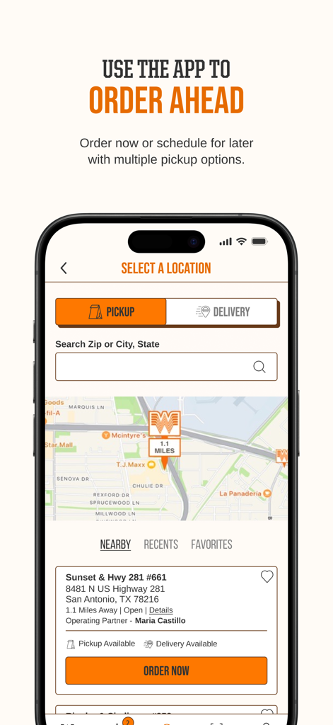 Whataburger app screen showing a map and options to select a location for pickup or delivery