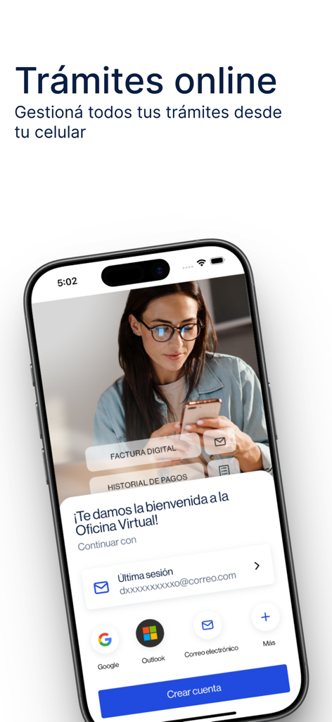 Pantalla de bienvenida de la aplicación AES Movil que muestra la oficina virtual para procedimientos de servicios públicos en línea y gestión de facturas digitales