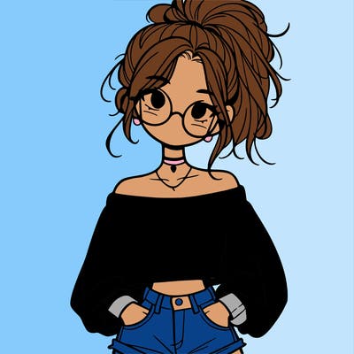 girl with a messy ponytail glasses a baggy crop top and jean shorts