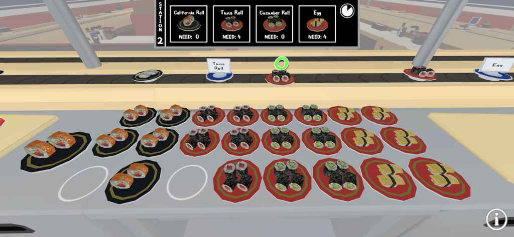 Conveyor Belt Sushi Experience - Eine Ego-Perspektive der Sushi-Kochstation, die Inventarbedarf und verschiedene Sushi-Teller zeigt, die für das Laufband bereit sind.
