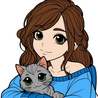 a realistic girl with a cat on her lap