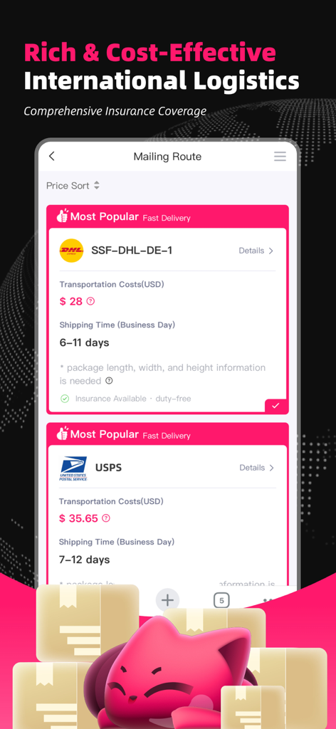 Oopbuy app screen displaying international shipping routes and costs for DHL and USPS